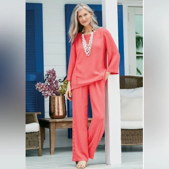 Soft Surroundings SET Oceo Gauze Deep Sea Coral Tunic Wide-Leg Pants NWT Size XL - Picture 1 of 7